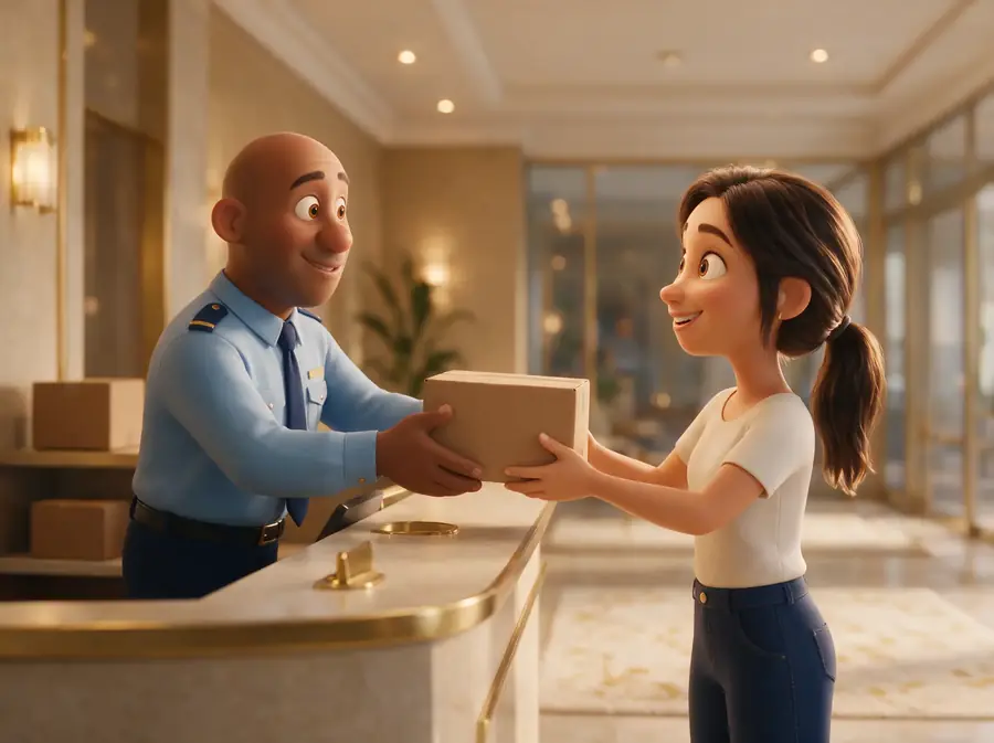 Porteiro entregando uma encomenda a uma moradora no hall