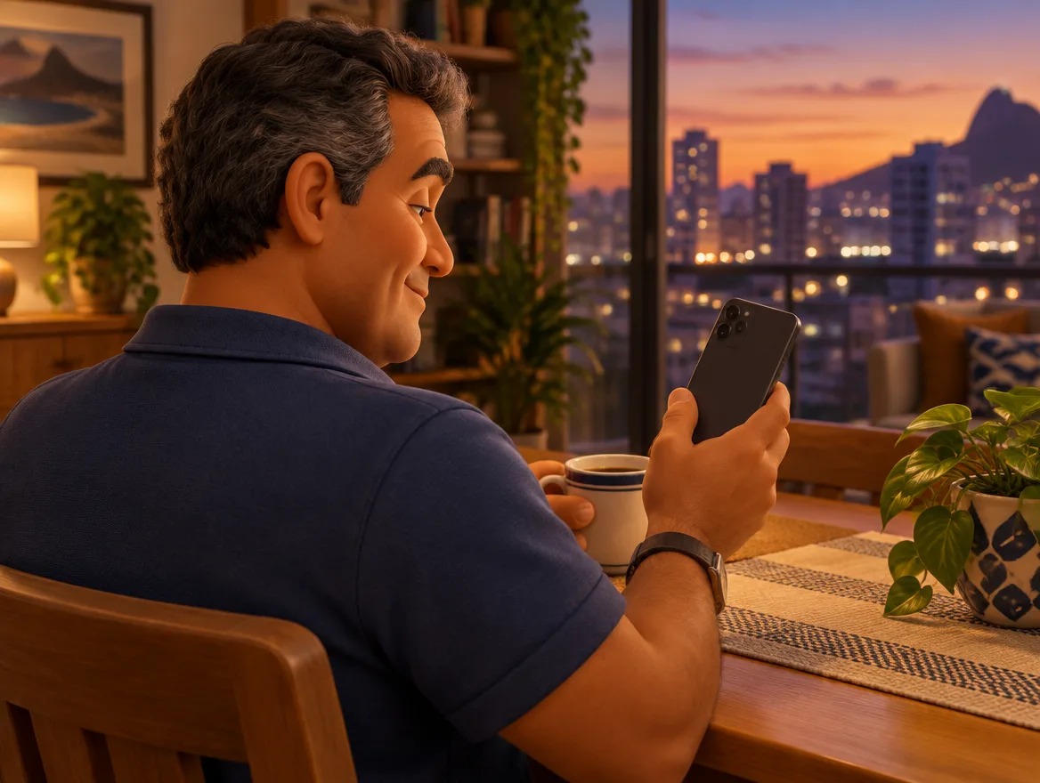 Síndico em casa, tranquilo, olhando o celular